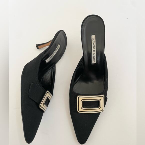 Manolo Blahnik Vintage Black Canvas White buckle pointed toe mules EU 41.5 - Picture 1 of 9
